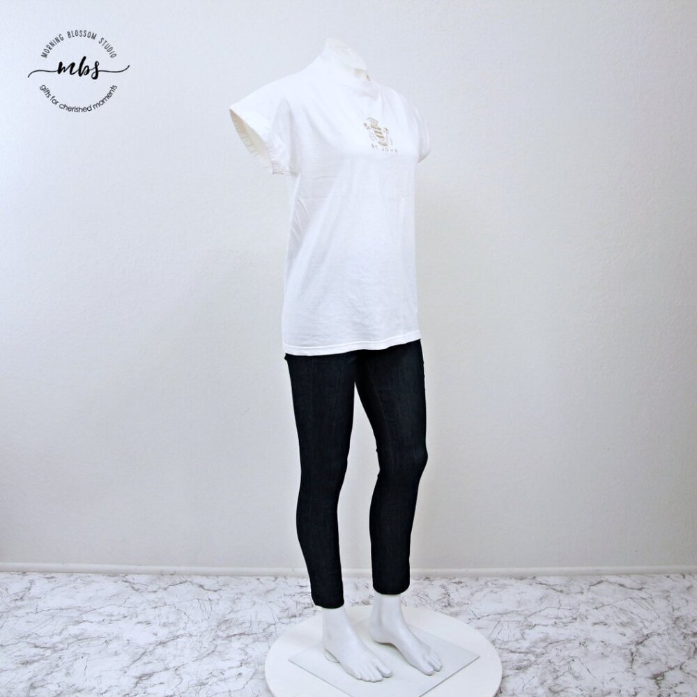 St. John Logo Embroidery Crew Neck Short Sleeve T Shirt White Gold Women M*